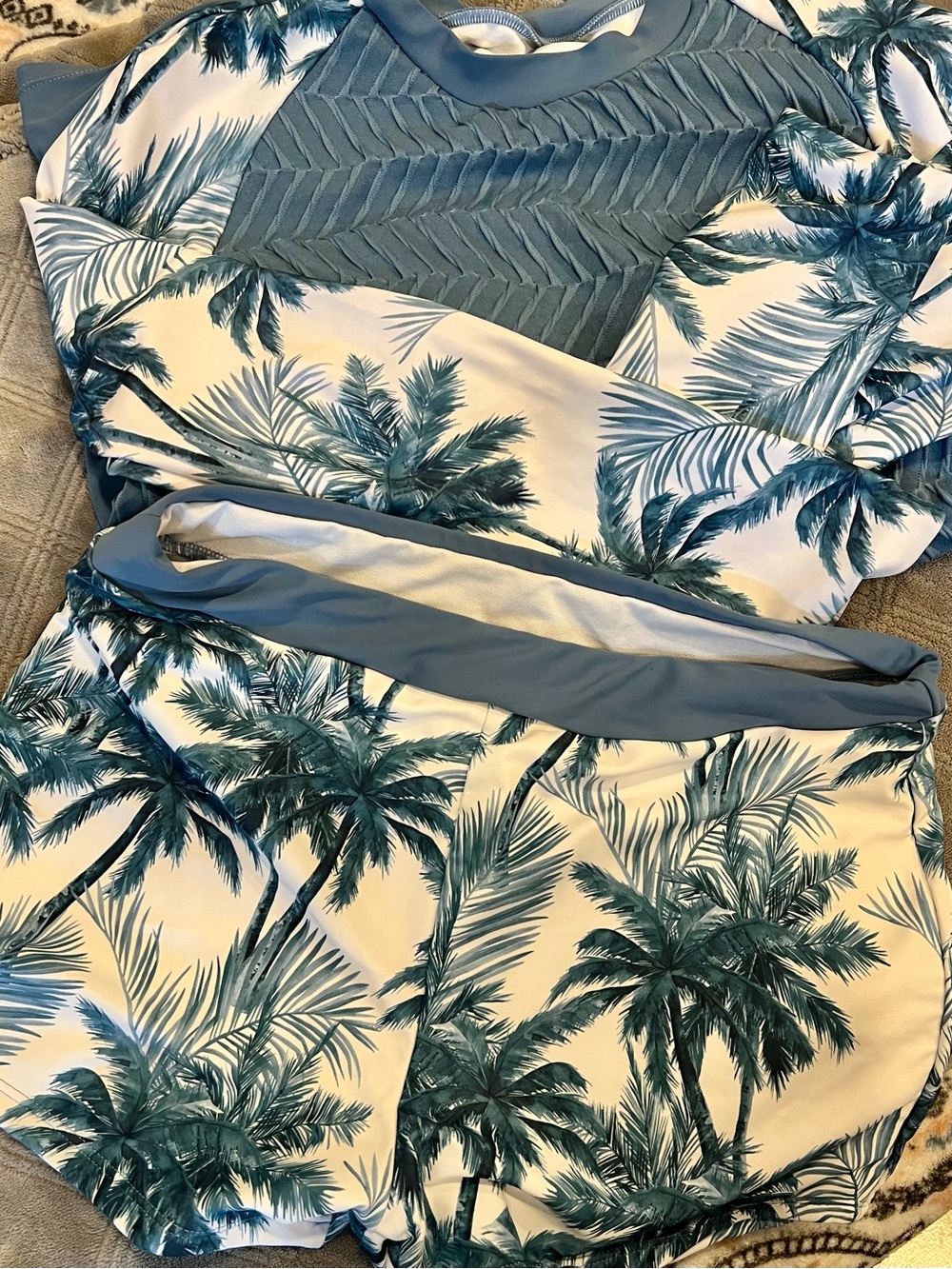 Tropical Palm Print Two-Piece Set in Teal and White